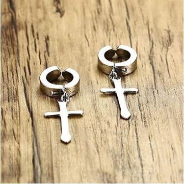 Imagem de Brinco Pressão  crucifixo cruz argola  Não Precisa Furo na orelha Prat