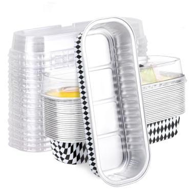 Imagem de EUSOAR Ramequins descartáveis, 25 peças de mini formas de bolo de 192,8 g com tampas, forros de muffin de folha de alumínio, recipientes para assar, recipientes em forma de creme brulee, para festa de