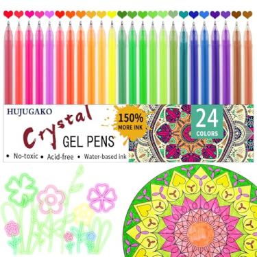 Imagem de HUJUGAKO Canetas de gel neon, 24 canetas de gel de cristal coloridas de 0,8 a 1,0 mm com 150% mais tinta para adultos, livros de colorir, desenhar, rabiscar, artesanato, álbuns de recortes, diários de