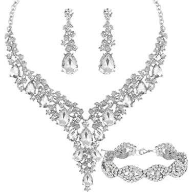 Imagem de Conjunto de joias de cristal austríaco com strass e gargantilha para casamento e casamento Paxuan, prata e ouro, conjunto de brincos pendentes para festa de casamento, formatura