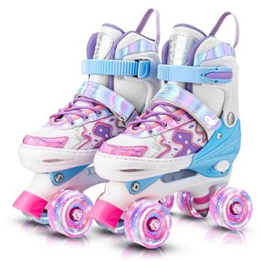 Imagem de Patins para meninas, meninos, crianças, 4 rodas de iluminação ajustáveis, presente de aniversário para esportes internos e externos, patins azuis e rosa para crianças de 3 a 12 anos de idade