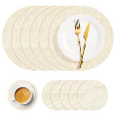 Imagem de yuuzue Jogo americano redondo conjunto de 6, jogo americano e porta-copos de couro sintético, tapetes de mesa resistentes ao calor, à prova d'água, à prova de óleo, limpáveis, jogo americano de mesa