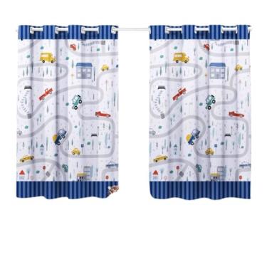 Imagem de Cortina Quarto Infantil Pequena Decorativa Bebe Criança Menino P/Varao Simples Carros Listrado Azul