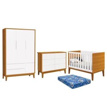 Imagem de Dormitório Infantil Classic 3 Portas, Cômoda 6 Gavetas, Berço com Pés Amadeirado e Colchão - Reller Móveis Branco/Savana