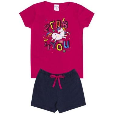 Imagem de Conjunto de Verão Infantil Feminino Blusa Rosa e Shorts Unicórnio Azul