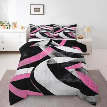 Imagem de Feelyou Conjunto de edredom de arte abstrata para crianças, solteiro, rosa, geométrico, para meninos, meninas, adolescentes, conjunto de cama geométrico, respirável, macio, leve, microfibra, 3 peças