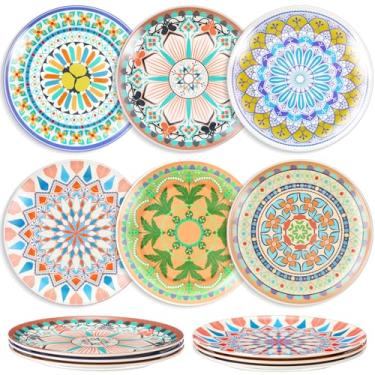 Imagem de Sunnychicc 12 travessas redondas boêmias, reutilizáveis, 20 cm, pratos de servir para cozinha, prato de plástico colorido, espesso, resistente, para almoço, salada, sobremesa, aperitivo de sushi