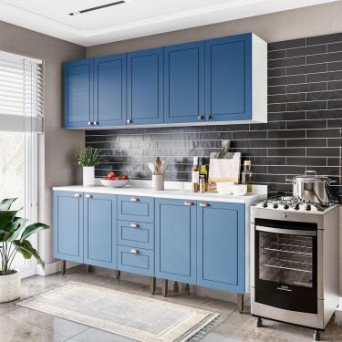 Imagem de Cozinha Pérola Com Tampo 4 Peças Aéreos Com 5 Portas, Balcão 2 Gavetas 3 Portas E Balcão 2 Portas Ye Branco-azul