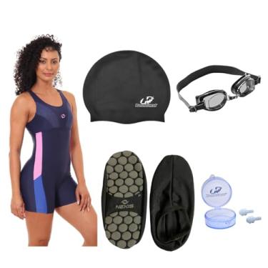 Imagem de Kit Maiô Macaquinho Natação Óculos + Touca Silecone + Protetor de Ouvido E Sapatilha Hidroginástica (Óculos - Preto/Sapatilha Preto - P, XGG)