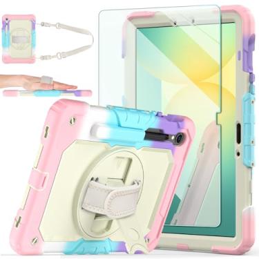 Imagem de Ambison Capa protetora para tablet Samsung Galaxy Tab S10 FE / S9 / S9 FE 5G com protetor de tela de vidro temperado 9H, suporte para lápis, suporte rotativo 360, alça de mão, alça de ombro (rosa