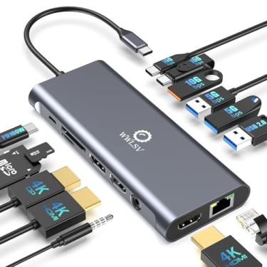 Imagem de Estação de ancoragem USB C, monitor duplo, estação de ancoragem para laptop 14 em 1, 3 monitores com 2 HDMI 4K, DP, Ethernet, USB C/A 3.1, 100W PD, SD/TF, áudio/microfone de 3,5 mm, compatível com