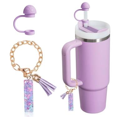 Imagem de HaimiLiya Capa de canudo com corrente de copo com letra inicial para acessórios Stanley Cup, tampa de palha de 10 mm, pingente de copo fofo, roxo