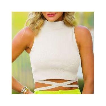 Imagem de Blusa cropped canelado gola alta cavado amarração na cintura feminino 