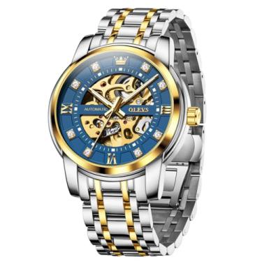 Imagem de OLEVS Relógios masculinos automáticos de esqueleto, mecânicos, dourados, negócios, luxo, diamante, aço inoxidável, à prova d'água, luminoso, ouro e azul, Moderno