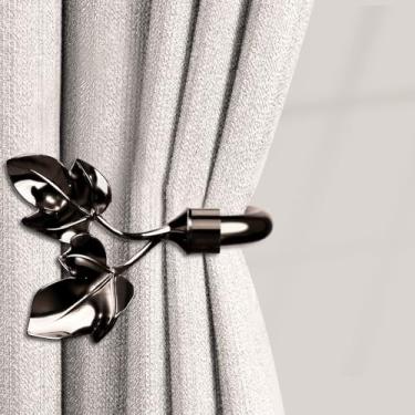 Imagem de HIKMLK Suportes Para Cortinas Em Formato De Folha, 2 Peças, Laterais Metal Feitos À Mão Parede, Ganchos Amarração Latão Antigo Cortinas, Decoração Janela Casa
