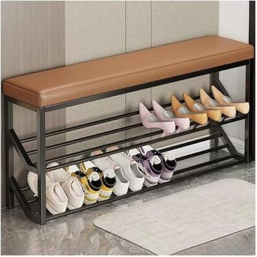Imagem de Banco De Sapateira De 2 Andares Com Armazenamento De Metal Banco De Entrada Industrial Para Entrada Hall Suporte De Sapato Organizador E Assento, Black+brown, 100 * 20 * 48cm