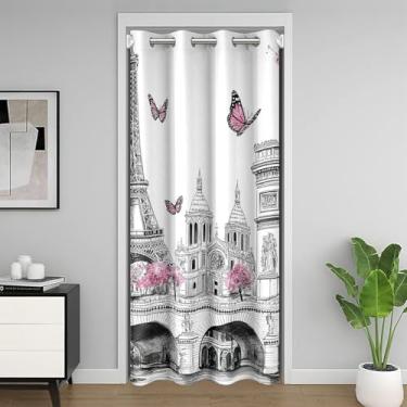 Imagem de jejeloiu Cortina de entrada Torre Eiffel privacidade 106 x 203 cm 1 painel Paris conjunto de capa de edredom capa de porta borboleta design de viagem tratamentos de janela decoração de quarto portas