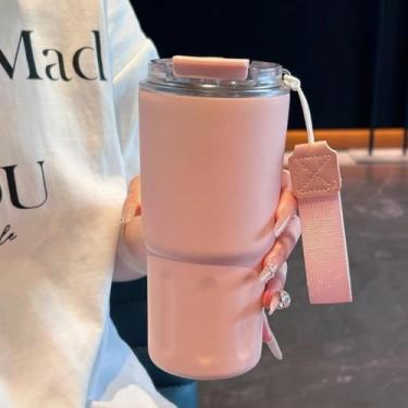 Imagem de Copo Térmico de Café a Vácuo de Aço Inoxidável 290ml/360ml/600 com Canudo e Alça(ROSA,600ml)