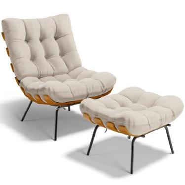 Imagem de Poltrona Costela L02 com Puff Sala de Estar Linho Cru - Lyam Decor