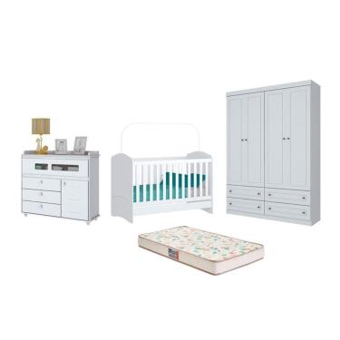 Imagem de Berço Bala de Menta, Cômoda Aquarela e Guarda Roupa Americano 4 Pts Branco e Colchão - FdECOR