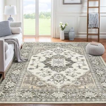 Imagem de ESSMOKO Tapetes tapete turco persa para casa, sala de estar, quarto, mesinha de cabeceira, lavável à máquina, tapete de vários tamanhos, cinzento clássico, 60 x 90 cm