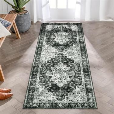 Imagem de ESSMOKO Tapete de sala tapete turco persa para casa, sala de estar, quarto, mesa de cabeceira, lavável à máquina, tapete de vários tamanhos, luxuoso em branco e preto, 60 x 180 cm