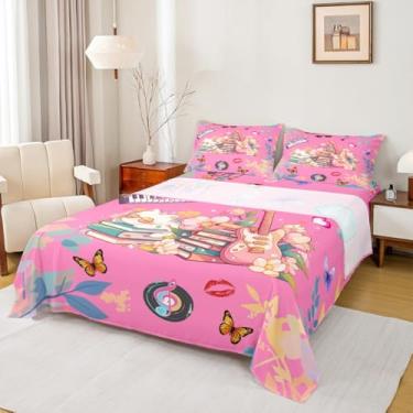 Imagem de Erosebridal Jogo de lençol solteiro com estampa floral de borboleta, para mulheres, meninas, romântico, música, desenho animado, gato, lençol com elástico, lençol de cima, lençol com elástico,