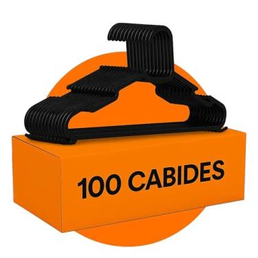 Imagem de Kit 100 Cabides Pretos Adulto Plástico Resistente para Roupas | Organização de Guarda-Roupa e Loja
