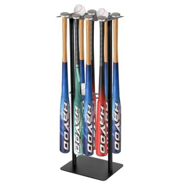 Imagem de YIILII Suporte de taco de beisebol – comporta 8 tacos e 5 bolas, suporte de metal para beisebol – resistente, organizador de montagem fácil para garagem, casa, abrigos de equipe – preto