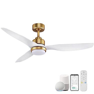 Imagem de Ventiladores de teto inteligentes de 52 polegadas com luzes e controle remoto, luz de LED regulável, ventilador de teto branco dourado para ambientes externos, motor CC silencioso, alta velocidade CFM