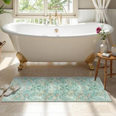 Imagem de Uphome Tapete de banheiro floral vintage, 45,7 x 128 cm, antiderrapante, macio, felpudo longo, para casa de banho, ultra absorvente, grosso, lavável à máquina, secagem rápida, tapete de banho para