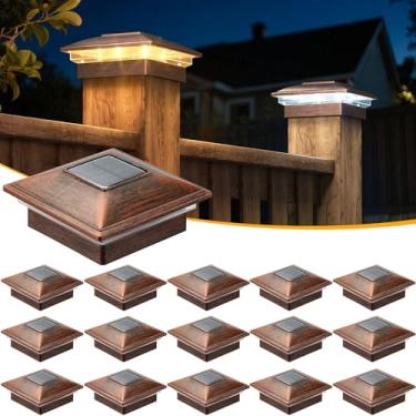 Imagem de APONUO Pacote com 16 luzes solares para postes de cerca, 2 modos (luz quente/fria) luzes solares de postes 4 x 4 à prova d'água, jardim movido a energia solar, pátio, decoração de deck para postes de