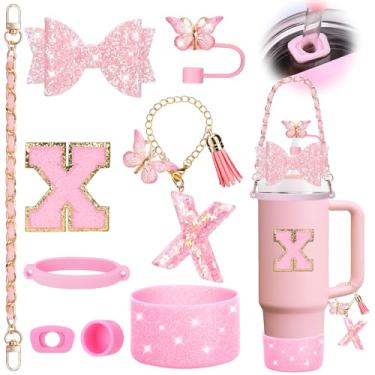 Imagem de Mity rain Conjunto de acessórios de copo rosa de 9 peças para copo Stanley Cup 850 g 1,134 g com alça - Inclui alça, decoração de arco de palha, topo de palha, bota, rolhas à prova de derramamento,