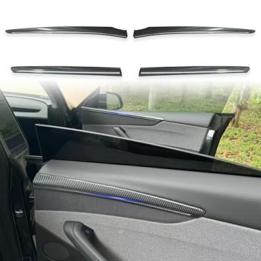 Imagem de YJMOTOR Ajuste Tesla Modelo Y Juniper Forint Painel de Porta Guarnição para 2025 2026 Modelo Y Juniper Porta Traseira Interior Painel de Braço Acessórios Decorativos 4 Peças (Padrão de Carbono