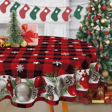 Imagem de Livcoz Toalha de mesa redonda com bolas de Natal 177 cm, toalha de mesa de jantar decorativa de casa de fazenda xadrez buffalo, vermelho e preto, decoração de festa de piquenique
