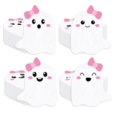 Imagem de Whaline 100 guardanapos de papel de Halloween 4 estilos rosa arco fantasma guardanapos descartáveis Spooky Boo almoço jantar guardanapo para Halloween chá de bebê talheres