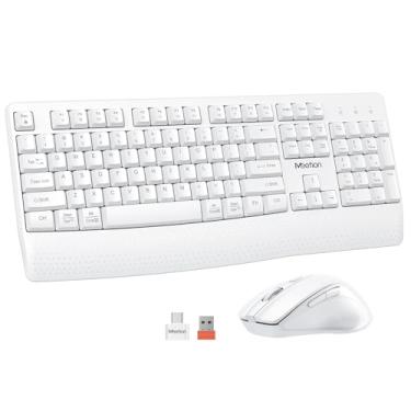 Imagem de MEETION Teclado e mouse sem fio, teclado sem fio de tamanho completo com descanso de pulso e mouse ajustável de 3 DPI, sem fio de 2,4 G, compatível com PC/computador/laptop/Windows/Mac, branco