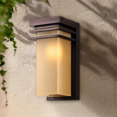 Imagem de AXOTEXE Arandela exterior de parede externa com vidro âmbar antigo, suporte de parede de luminária de varanda moderna, iluminação de pátio de bronze de 30 cm para casa, garagem, base E26