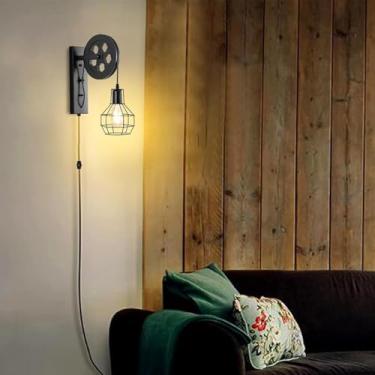 Imagem de GZZBMY E27 Apliques de parede com interruptor e tomada vintage industrial candeeiros de parede metal estilo de polia interior iluminação quarto sala de estar corredor (sem lâmpada) (preto)