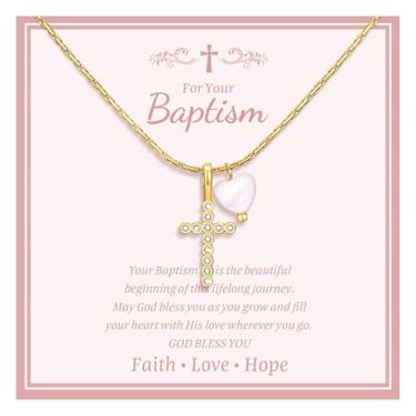 Imagem de Colar de corrente com pingente de cruz de zircônia cúbica banhado a ouro com coração de pérola batismo primeira comunhão confirmação Páscoa Natal presentes para meninas adolescentes crianças, Metal