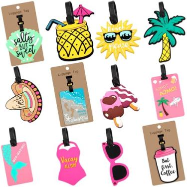 Imagem de Yauhar 12 etiquetas de silicone para bagagem com cartão de identificação, etiqueta divertida de verão, férias na praia, férias, totalmente dobrável, para viagem, mala, mochila, mochila escolar