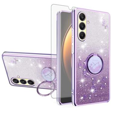 Imagem de Asuwish Capa de telefone para Samsung Galaxy A26 5G com protetor de tela de vidro temperado suporte de anel com glitter transparente híbrida à prova de choque TPU capa protetora A 26 26A LTE mulheres