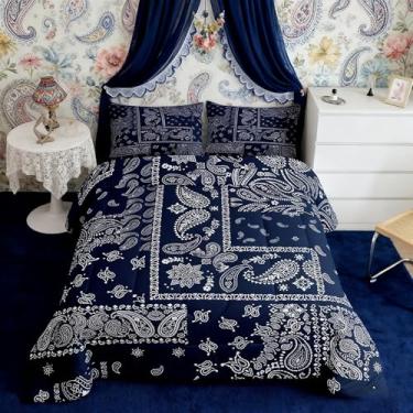 Imagem de Manfei Jogo de cama solteiro com estampa floral em jacquard paisley, 2 peças, edredom com estampa floral azul marinho e branco, 1 fronha, sem lençol