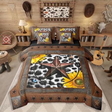 Imagem de Erosebridal Jogo de cama casal com estrela do oeste do Texas, de couro bovino rústico, 7 peças, para quarto de crianças, adolescentes e adultos, lençol com estampa de vaca com estampa de animais de