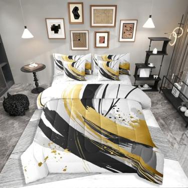 Imagem de Erosebridal Conjunto de edredom preto e branco dourado com lençol solteiro - 7 peças, geométrico, decorativo, abstrato, geométrico, listrado, minimalista, graffiti, linhas estéticas, cama em uma bolsa