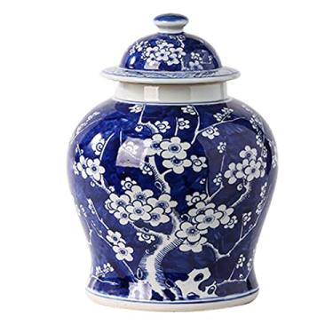 Imagem de AKALNNB Vasos de cerâmica chinesa de gengibre com tampa, vaso de flor de ameixa de porcelana azul e branco, potes de templo com tampa, recipientes de centro de mesa, ornamento, arranjo floral