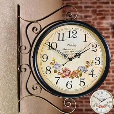 Imagem de Relógio De Parede Dupla Face Vintage Undr, Relógio Redondo, Relógio De Parede Dupla Face Estação De Trem De Ferro Forjado, Movimento Preciso, Decoração Pendurada Para Exterior & Ja, H