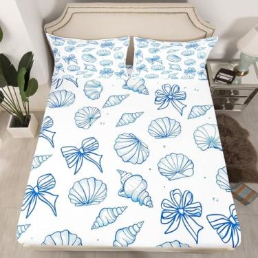 Imagem de Erosebridal Jogo de cama casal com laço azul e branco, laço azul e concha azul, lençol com elástico para meninas e crianças, lençol com elástico bonito com gravata borboleta, praia costeira, 3 peças