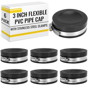 Imagem de Maasechs Pacote com 6 tampas de tubo de PVC flexível com grampos de aço inoxidável - tampas pretas duráveis para drenagem, águas residuais e tubos de ventilação, uso acima/abaixo do solo (7,6 cm)