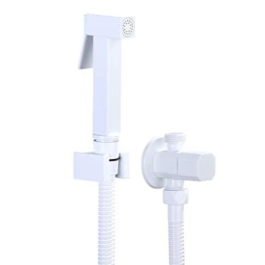 Imagem de MINJING Pulverizador de bidê de vaso sanitário de mão branco, kit de ducha de latão sólido, torneira de bidê de design quadrado para água fria, conjunto de acessórios de bidê de banheiro montado na